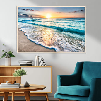 27815-MGV-FC-36X24_Natural-Ocean Sunrise Beach Wall Art – Serene Coastal Canvas Print with Waves and Golden Morning Light, Relaxing Seascape Decor for