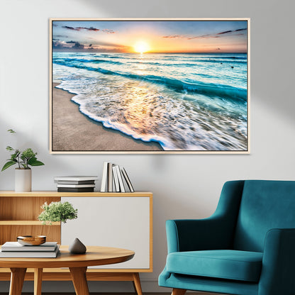27815-MGV-FC-36X24_Natural-Ocean Sunrise Beach Wall Art – Serene Coastal Canvas Print with Waves and Golden Morning Light, Relaxing Seascape Decor for