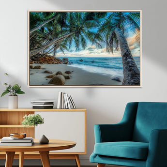 39679-MGV-FC-36X24_Natural-Tropical Palm Beach Wall Art – Serene Ocean Canvas Print with Palm Trees and Rocks, Coastal Paradise Decor for Living Room or