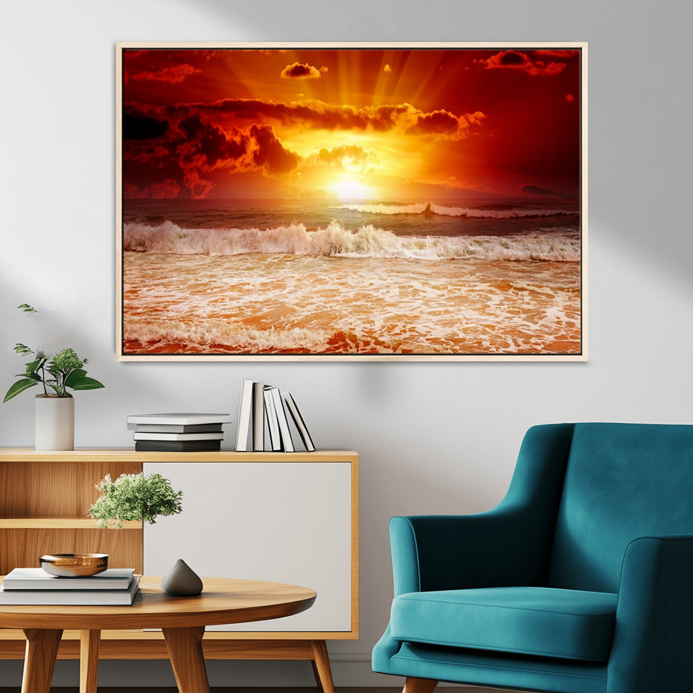 60211-MGV-CV-36X24-Fiery Sunset Ocean Waves Canvas Print – Vibrant Red & Orange Coastal Wall Art, Dramatic Seascape Decor