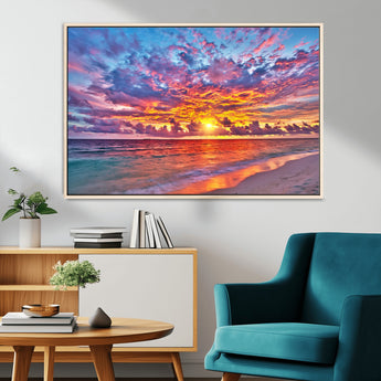 72836-MGV-FC-36X24_Natural-Fiery Sunset Beach Wall Art – Panoramic Vibrant Ocean Canvas Print, Dramatic Coastal Decor for Living Room, Bedroom or Office