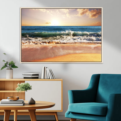79005-MGV-FC-36X24_Natural-Golden Sunrise Ocean Waves Wall Art – Panoramic Seashore Canvas Print, Calming Coastal Decor for Home, Office or Relaxation Space