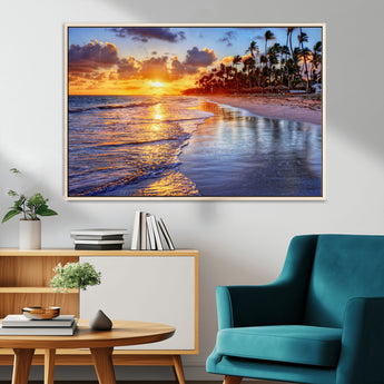 19917-MGV-FC-36X24_Natural-Tropical Sunset Beach Wall Art – Panoramic Palm Trees and Ocean Canvas Print, Vibrant Coastal Decor for Living Room, Office or Man