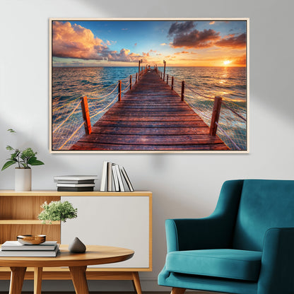 28836-MGV-FC-36X24_Natural-Ocean Pier Sunset Wall Art – Wooden Dock and Golden Horizon Canvas Print, Coastal Seascape Photography for Living Room, Bedroom,