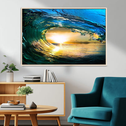 19378-MGV-FC-36X24_Natural-Ocean Wave Sunset Wall Art – Vibrant Surf and Golden Horizon Canvas Print, Coastal Seascape Photography for Living Room, Bedroom,