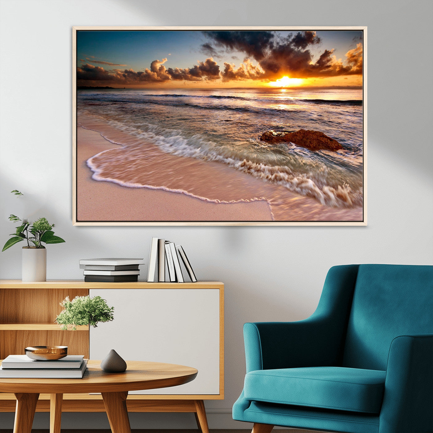 80979-MGV-FC-36X24_Natural-Golden Sunrise Beach Wall Art – Ocean Waves and Sandy Shore Canvas Print, Coastal Sunset Photography Artwork for Living Room,