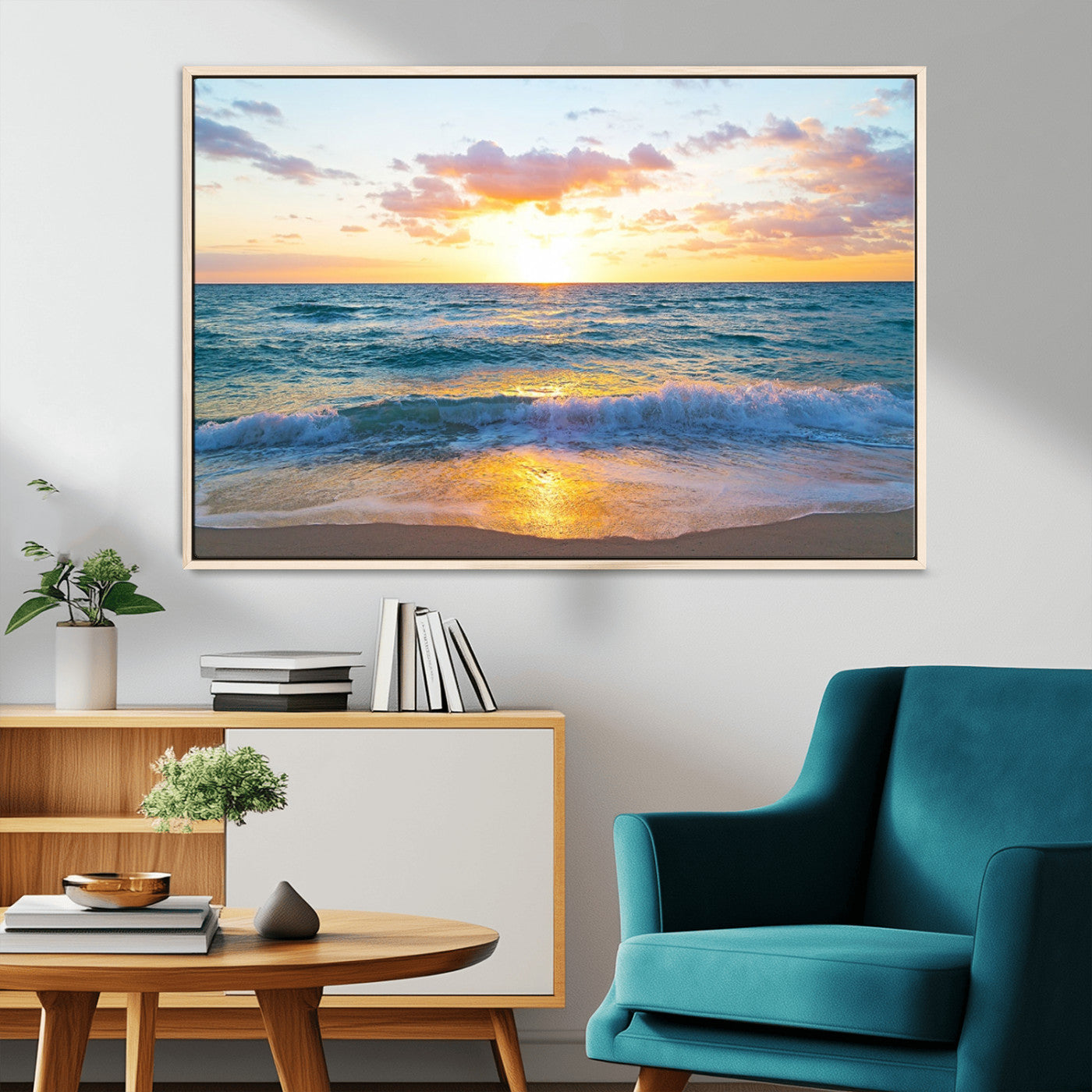78006-MGV-FC-36X24_Natural-Golden Sunrise Ocean Wall Art – Panoramic Beach Waves Canvas Print, Coastal Seascape Artwork for Living Room, Bedroom, Office, or