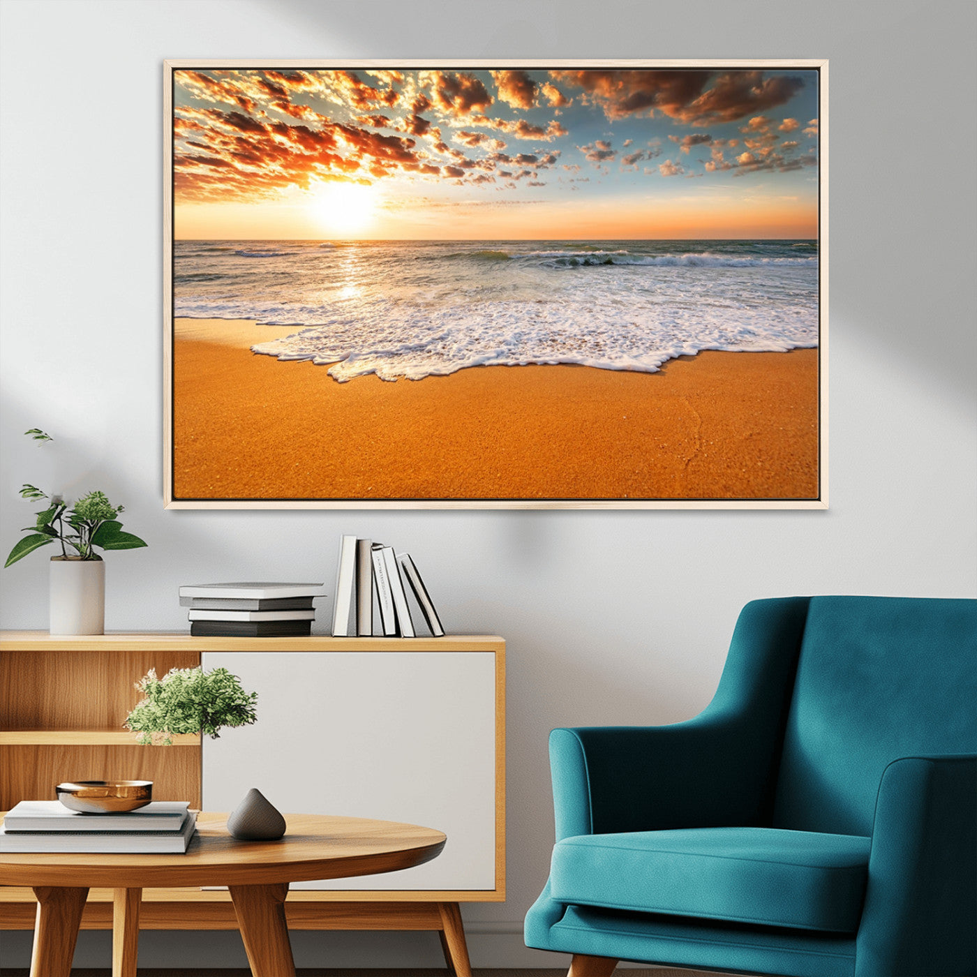 15399-MGV-FC-36X24_Natural-Golden Sunrise Beach Wall Art – Ocean Waves on Sandy Shore Canvas Print, Coastal Seascape Decor for Living Room or Bedroom