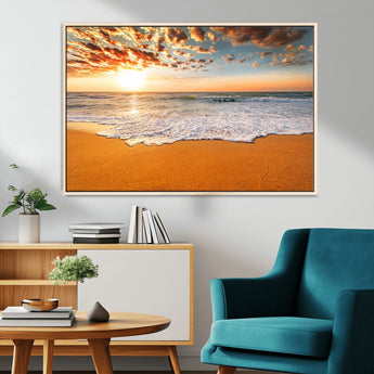 15399-MGV-FC-36X24_Natural-Golden Sunrise Beach Wall Art – Ocean Waves on Sandy Shore Canvas Print, Coastal Seascape Decor for Living Room or Bedroom