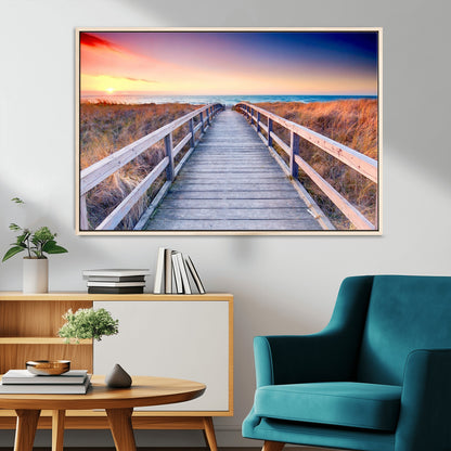 60625-MGV-FC-36X24_Natural-Beach Boardwalk Sunrise Wall Art – Coastal Pathway to Ocean Canvas Print, Seaside Landscape Decor for Home or Office