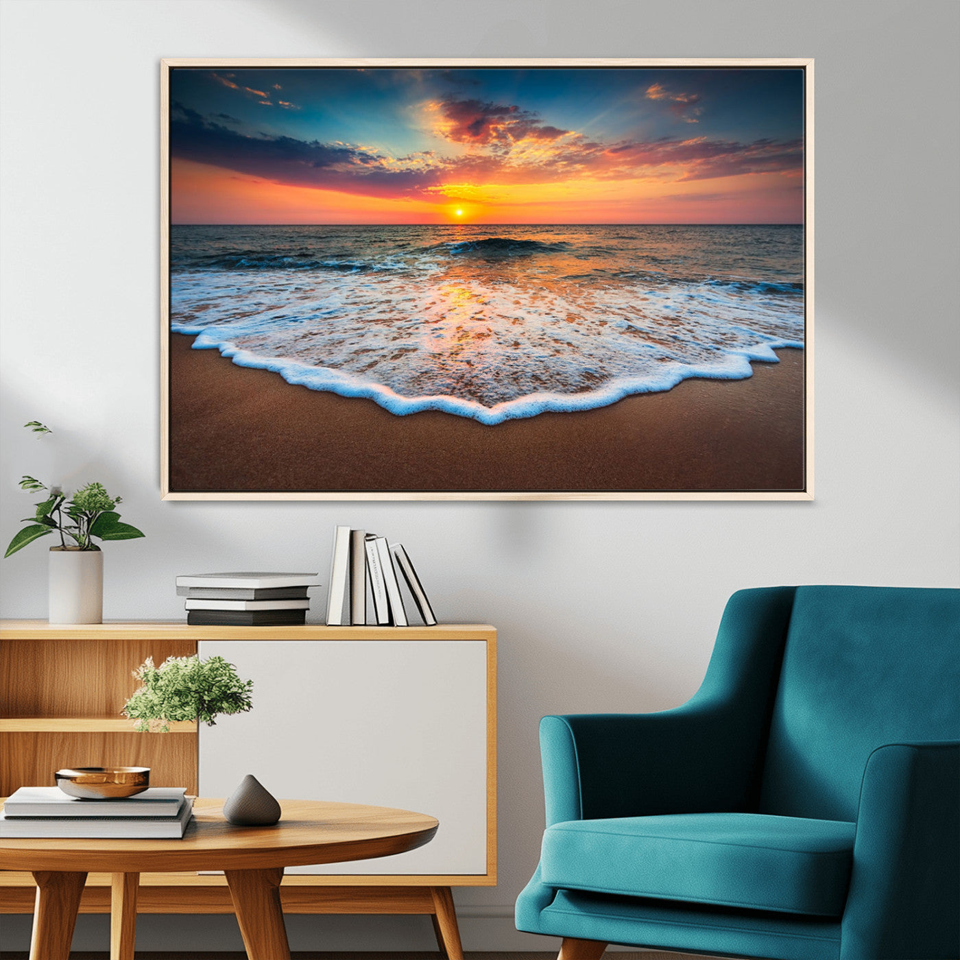 16110-MGV-FC-36X24_Natural-Ocean Sunset Wall Art – Vibrant Beach Waves and Horizon Canvas Print, Relaxing Coastal Seascape Decor for Living Room or Bedroom