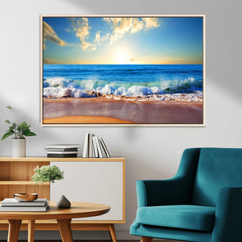 50522-MGV-FC-36X24_Natural-Ocean Sunrise Wall Art – Peaceful Beach Waves and Golden Horizon Canvas Print, Coastal Seascape Decor for Home or Office