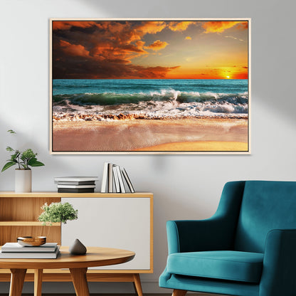 72948-MGV-FC-36X24_Natural-Ocean Sunset Wave Wall Art – Dramatic Seascape Canvas Print with Golden Sky and Crashing Waves, Coastal Beach Decor for Living