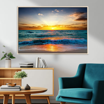 50627-MGV-FC-36X24_Natural-Ocean Sunset Wall Art – Serene Beach Canvas Print with Waves and Golden Sky, Coastal Decor for Living Room or Office