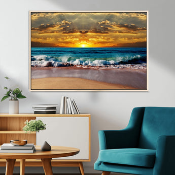 83389-MGV-FC-36X24_Natural-Ocean Sunrise Wall Art – Vibrant Beach Waves Canvas Print, Coastal Seascape Decor for Living Room or Office
