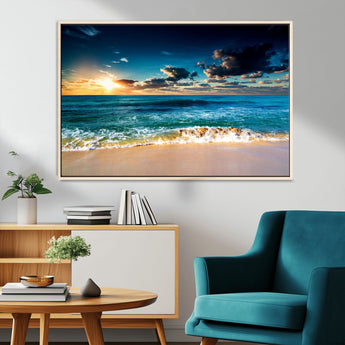88985-MGV-FC-36X24_Natural-Ocean Sunset Wall Art – Tranquil Beach Waves Canvas Print, Coastal Seascape Decor for Living Room or Office