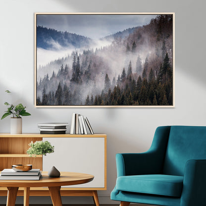 18459-MGV-FC-36X24_Natural-Misty Pine Forest Wall Art – Serene Mountain Landscape Canvas Print, Tranquil Nature Artwork for Living Room, Bedroom, Cabin or