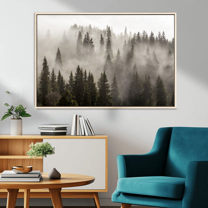 62862-MGV-FC-36X24_Natural-Misty Forest Wall Art – Tranquil Pine Tree Canvas Print with Mountain Fog, Nature Landscape Artwork for Living Room, Bedroom, or