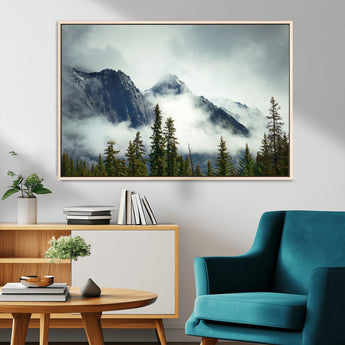 93219-MGV-CV-36X24-Misty Mountain Wall Art – Foggy Pines and Rocky Peaks Canvas Print, Nature Landscape Decor for Living Room, Office or Bedroom