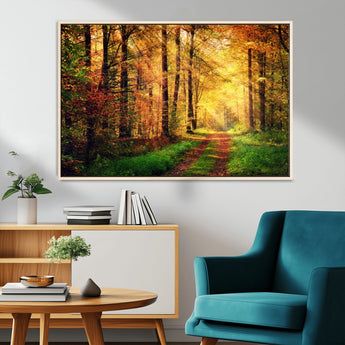73494-MGV-FC-36X24_Natural-Golden Autumn Forest Path Wall Art – Sunlit Woodland Canvas Print, Fall Nature Landscape Home Decoration