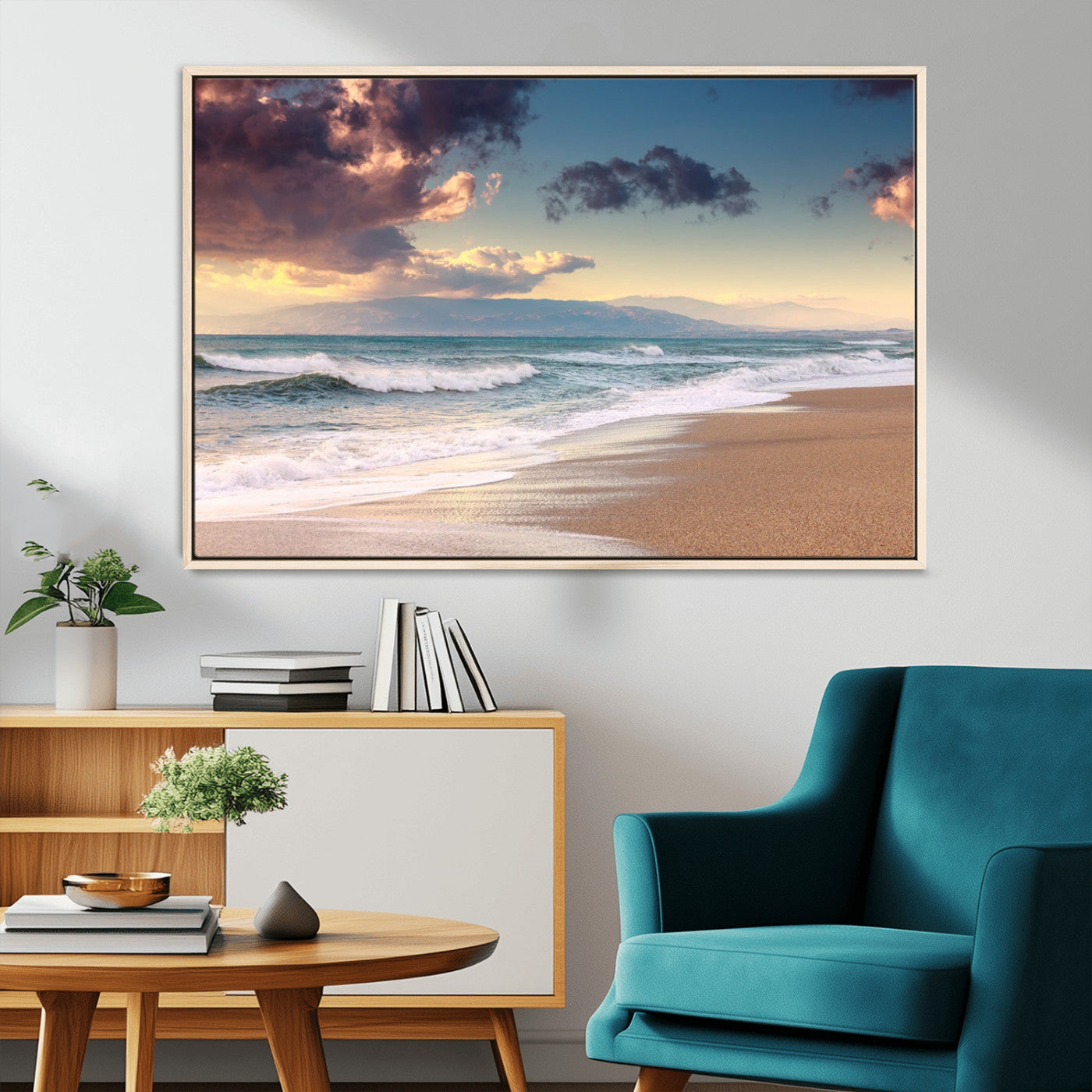 42253-MGV-FC-36X24_Natural-Serene Beach Waves Wall Art – Tranquil Ocean Horizon Canvas Print, Coastal Seascape Decor for Living Room or Office Wall