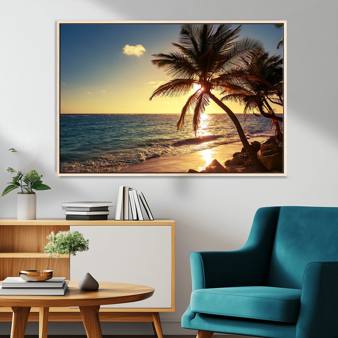 82710-MGV-FC-36X24_Natural-Palm Tree Sunset Beach Wall Art – Tropical Ocean Canvas Print, Coastal Paradise Seascape Decor for Living Room or Office Wall