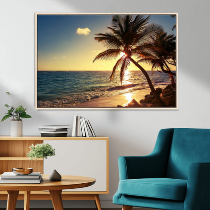82710-MGV-FC-36X24_Natural-Palm Tree Sunset Beach Wall Art – Tropical Ocean Canvas Print, Coastal Paradise Seascape Decor for Living Room or Office Wall
