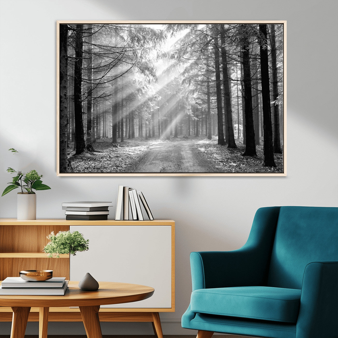 39665-MGV-CV-36X24-Black and White Forest Path Wall Art – Sunlight Rays in Trees Canvas Print, Nature Landscape Decor for Living Room or Office