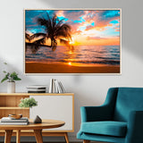34674-MGV-FC-36X24_Natural-Tropical Sunset Beach Wall Art – Palm Tree Ocean Canvas Print, Coastal Seascape Decor for Living Room or Office Wall