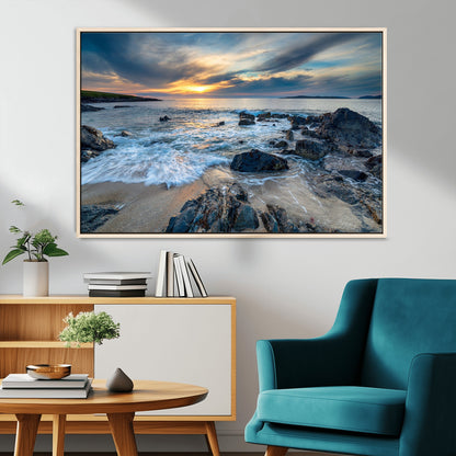 17902-MGV-FC-36X24_Natural-Rocky Shore Ocean Sunset Wall Art – Coastal Seascape Canvas Print, Nature Beach Decor for Living Room or Office