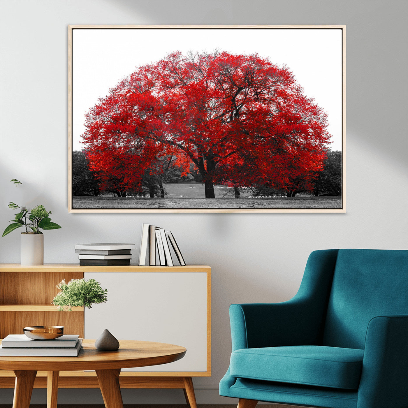 80021-MGV-CV-36X24-Red Tree Wall Art – Striking Black and White Landscape Canvas Print with Vibrant Red Leaves, Modern Nature Decor for Living Room