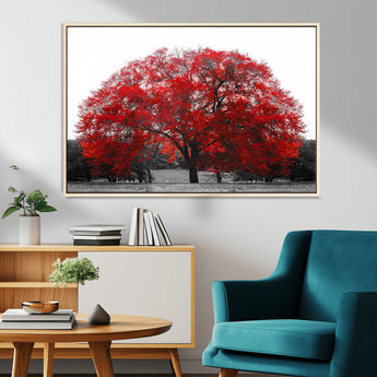 80021-MGV-CV-36X24-Red Tree Wall Art – Striking Black and White Landscape Canvas Print with Vibrant Red Leaves, Modern Nature Decor for Living Room