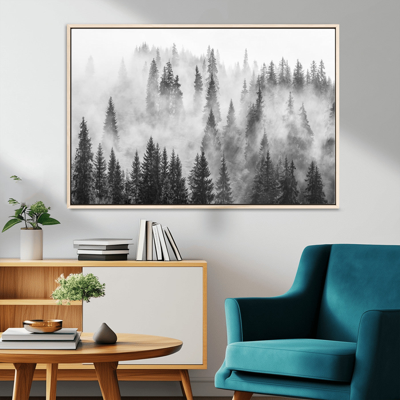 10422-MGV-CV-36X24-Misty Pine Forest Wall Art – Black and White Foggy Landscape Canvas Print, Serene Nature Woodland Decor for Bedroom, Office or