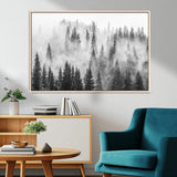 10422-MGV-CV-36X24-Misty Pine Forest Wall Art – Black and White Foggy Landscape Canvas Print, Serene Nature Woodland Decor for Bedroom, Office or