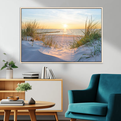 48907-MGV-FC-36X24_Natural-Beach Sunset Wall Art – Coastal Sand Dunes and Ocean View Canvas Print, Serene Seaside Landscape Painting for Living Room, Bedroom