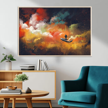 45085-MGV-FC-36X24_Natural-Surreal Cosmic Wall Art – Abstract Galaxy Dreamscape Canvas Print with Man and Dog in Boat, Fantasy Nebula Painting for Living
