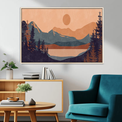 62795-MGV-CV-36X24-Minimalist Mountain Landscape Wall Art – Abstract Sunset Over Peaks and Pine Trees Canvas Print, Modern Nature Decor for Living