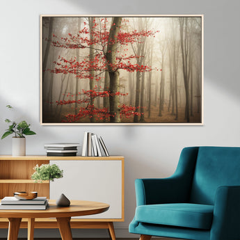61855-MGV-FC-36X24_Natural-Misty Forest Wall Art – Red Tree with Autumn Leaves Canvas Print, Moody Woodland Nature Decor for Living Room, Bedroom, or Office