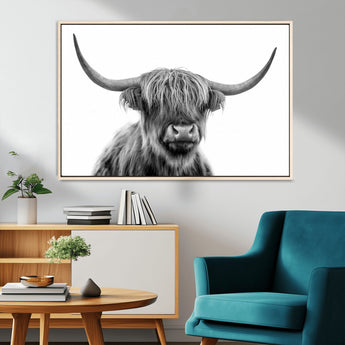 10123-MGV-FC-36X24_Natural-Black and White Highland Cow Wall Art – Modern Farmhouse Animal Print, Rustic Scottish Bull Canvas Decor for Living Room, Bedroom,