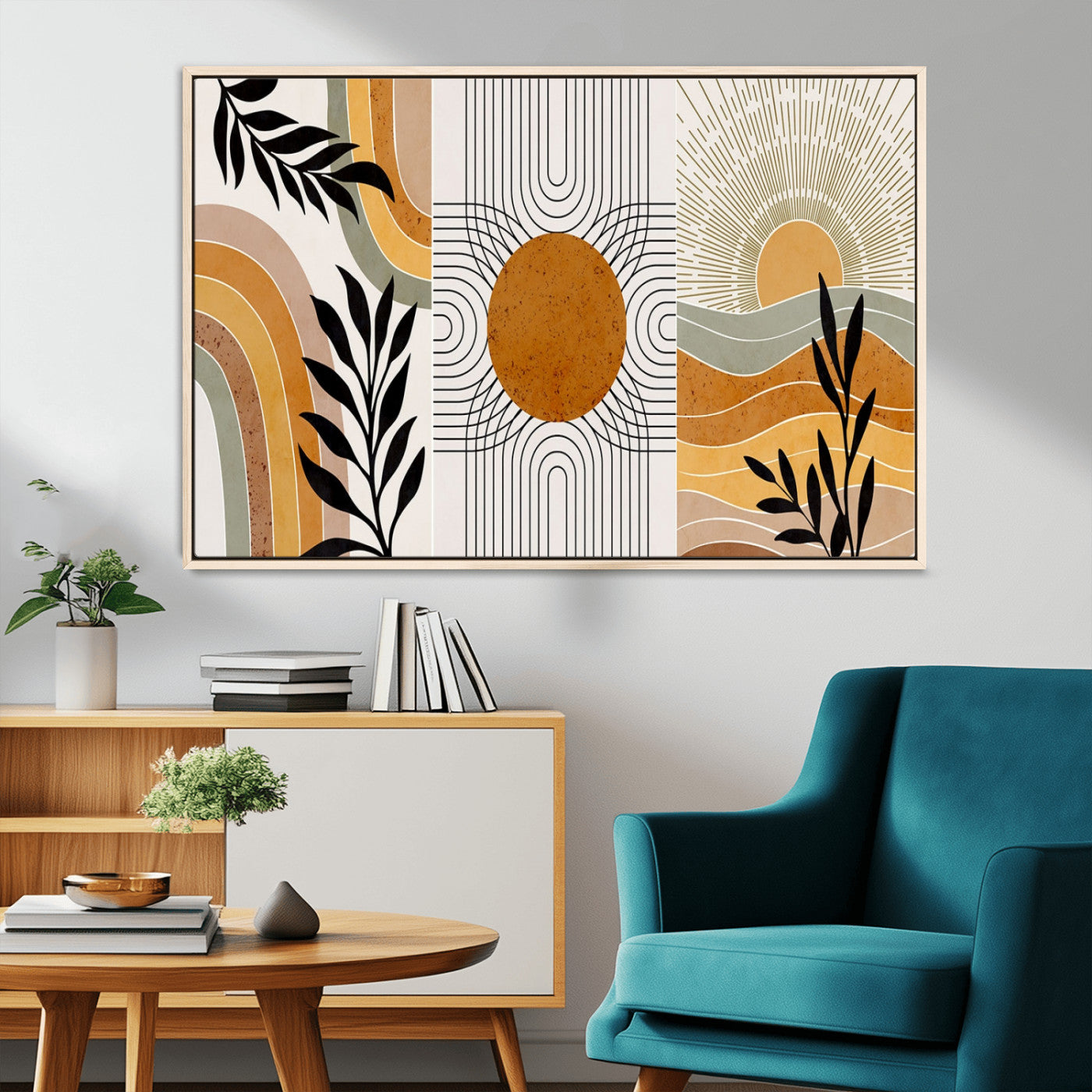 54028-MGV-CV-36X24-Boho Abstract Wall Art Set of 3 – Modern Geometric Sun, Rainbow and Botanical Canvas Prints in Earth Tone Colors for Living Room,