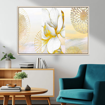82301-MGV-CV-36X24-Modern Floral Wall Art – White Flower with Gold Detailing Canvas Print, Elegant Abstract Artwork for Living Room, Bedroom, or