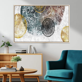 70653-MGV-CV-36X24-Abstract Tree Ring Wall Art – Modern Rustic Wood Slice Canvas Print with Gold Accents, Contemporary Nature Decor for Living Room,