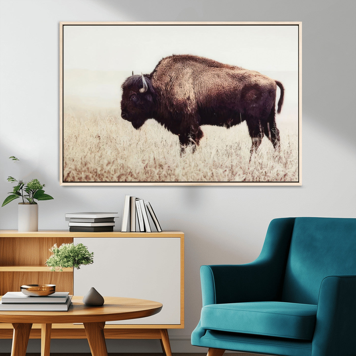 48406-MGV-FC-36X24_Natural-American Bison Wall Art – Rustic Buffalo Canvas Print in Prairie Field, Western Wildlife Photography Decor for Cabin, Lodge,