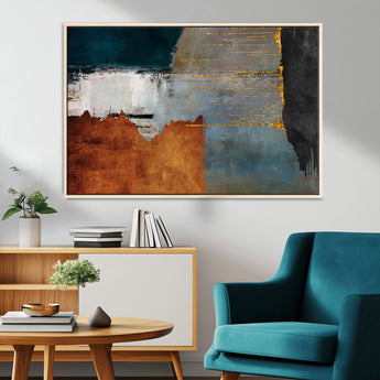 35026-MGV-FC-36X24_Natural-Abstract Canvas Wall Art – Modern Teal, Rust, Black and Gold Textured Painting, Contemporary Decor for Living Room, Bedroom