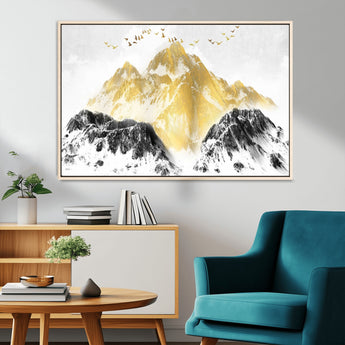37733-MGV-FC-36X24_Natural-Golden Mountain Wall Art – Modern Abstract Landscape Canvas Print with Birds, Luxury Nature Decor for Living Room, Bedroom, or