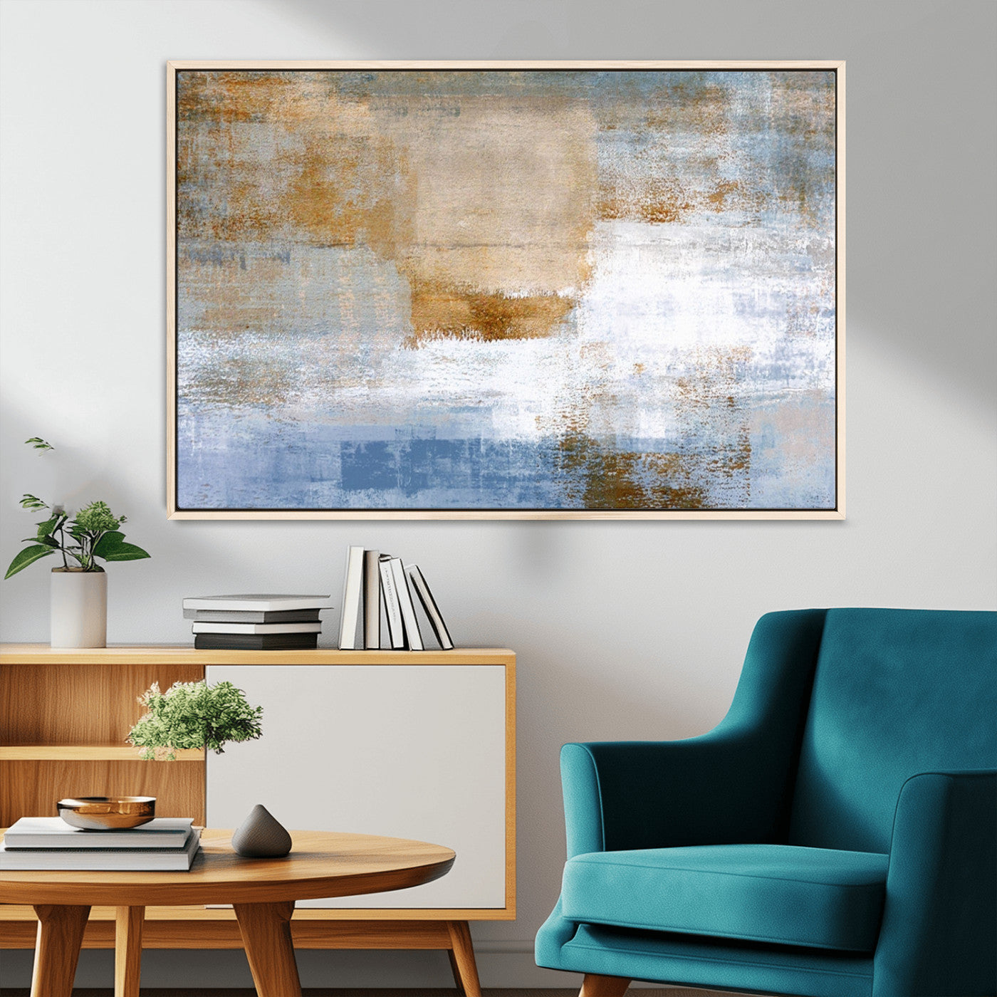 72354-MGV-FC-36X24_Natural-Blue and Gold Abstract Wall Art – Modern Minimalist Canvas Print, Textured Contemporary Painting for Living Room, Bedroom, or