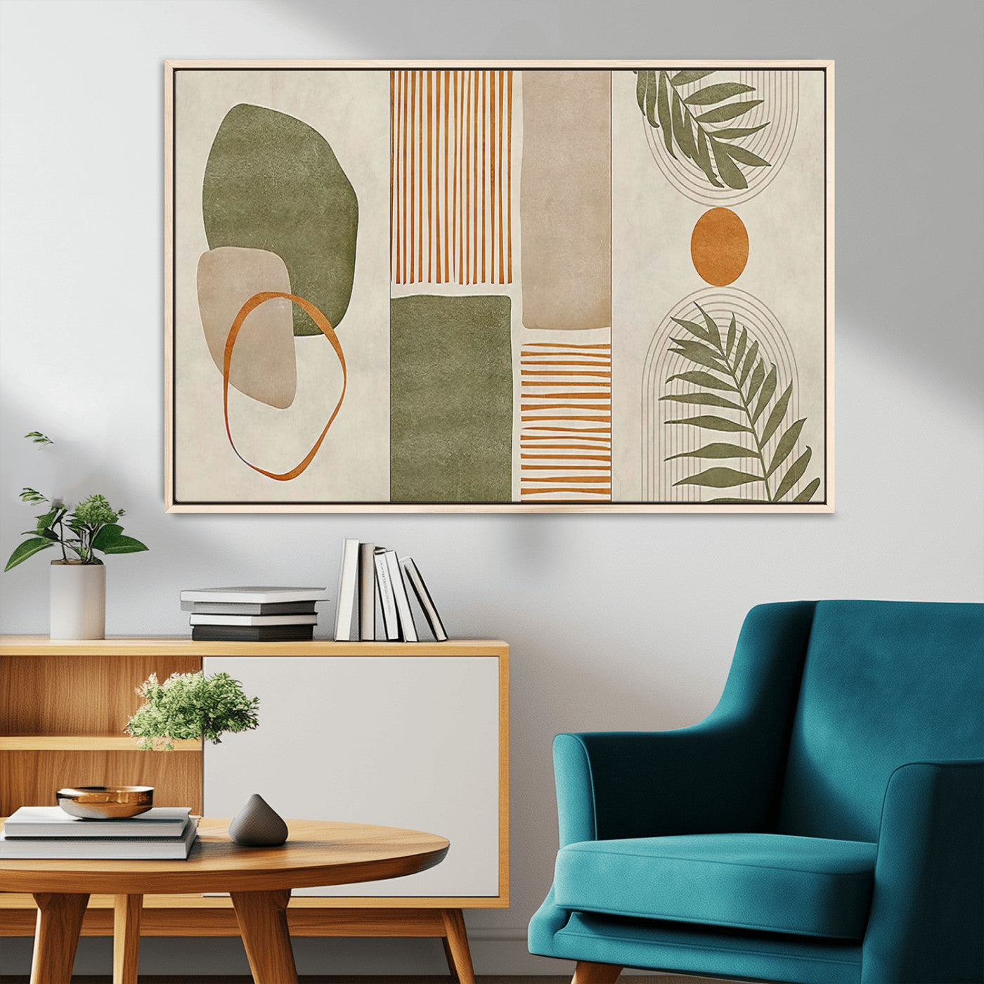 96002-MGV-CV-36X24-Abstract Geometric Wall Art – Modern Canvas Print with Green, Orange & Beige Shapes, Minimalist Home Decor for Living Room, Office