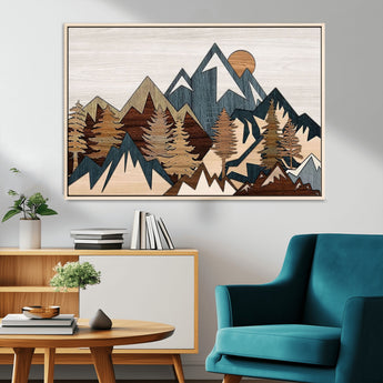 67950-MGV-FC-36X24_Natural-Modern Wood Wall Art Canvas Print, Framed Mountain Range Art Picture Print, Wood Mountain Range Perfect Rustic Decor Artwork