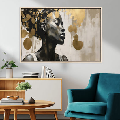 65669-MGV-CV-36X24-Elegant Black Woman Wall Art – Modern Abstract Portrait Canvas with Gold Accents, Contemporary Afrocentric Decor for Living Room