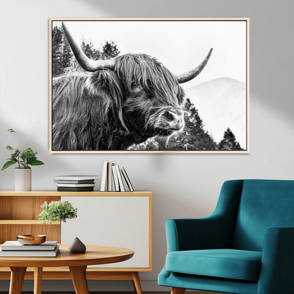 61570-MGV-CV-36X24-Highland Cow Wall Art – Black and White Scottish Bull Canvas Print, Rustic Farmhouse Animal Decor for Living Room, Bedroom, or